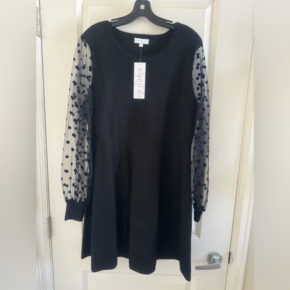 NWT Birch NY Black Polka Dot Long Sleeve Fit and Flare Dress Size Large - Picture 2 of 7